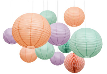 Isolated colorful paper lanterns hanging decorations for party or birthday events with no background © Rowan