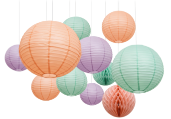 Isolated colorful paper lanterns hanging decorations for party or birthday events with no background