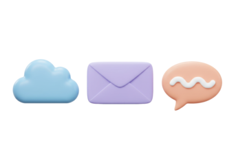 Isolated blue cloud, violet envelope, and peach speech bubble, symbolizing digital communication