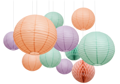 Isolated colorful paper lanterns hanging decorations for party or birthday events with no background