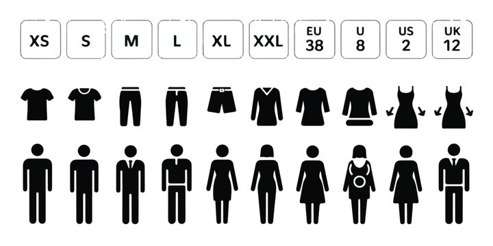 Minimalist black and white clothing size and gender icon set, professional stock-ready, bold readable text, clean silhouette icons, organized layout, modern commercial design, high market appeal.