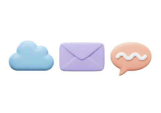 Isolated blue cloud, violet envelope, and peach speech bubble, symbolizing digital communication