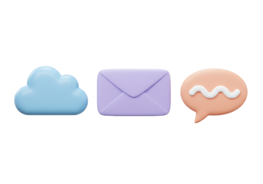 Isolated blue cloud, violet envelope, and peach speech bubble, symbolizing digital communication