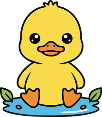 Fototapeta premium Charming Duckling in Pond: This image captures an adorable, cartoon-style duckling. Sitting cheerfully on pond, exuding joy and simplicity.