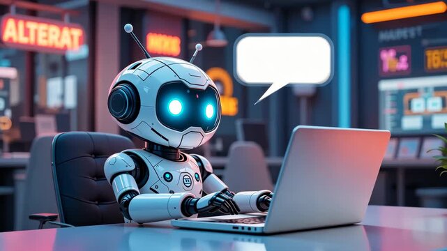 Cute small robot with glowing blue eyes typing on laptop in futuristic workspace with digital screen. Concept of artificial intelligence communication