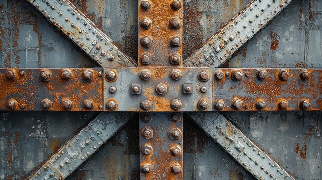 Vintage American steel bridge girder connections with weathered riveted joints showing industrial engineering details and rust patina textures