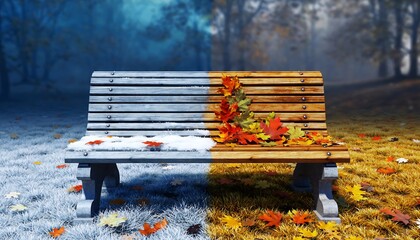 Bench split between winter snow and autumn leaves in a seasonal landscape