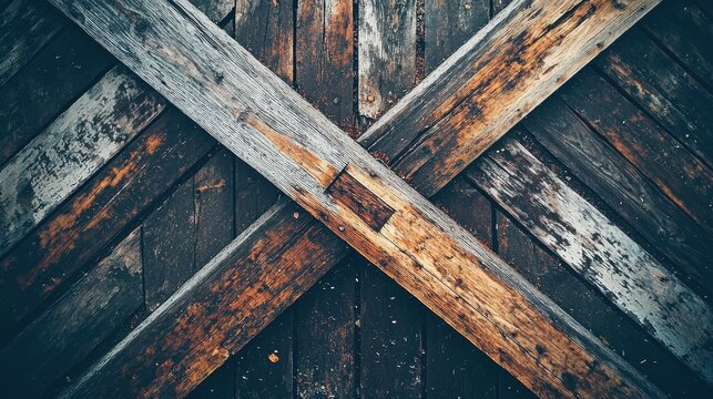 Weathered historic American bridge diagonal bracing timber cross-beam structural elements showing traditional wooden construction patterns engineering