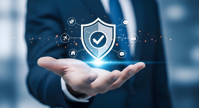Businessman holding shield protect icon, assurance guarantee business, internet security concept