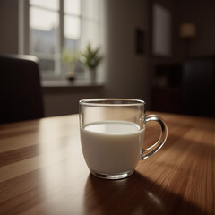 A glass mug of fresh milk on a wooden table in a room.