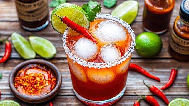 Premium spicy michelada cocktail with salt rim, fresh lime wedges and red chile peppers arranged on rustic wooden table background - Powered by Adobe