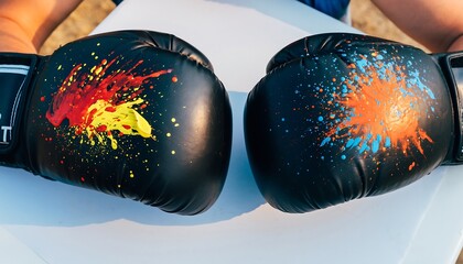 Closeup of boxing gloves with colorful paint splatters on a white surface
