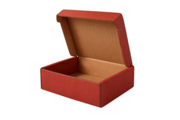 Red open empty cardboard mailing box on transparent background, showing inside view for shipping and delivery concept
