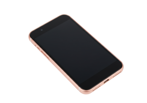 Isolated modern smartphone in rose gold or pink metal finish, with dark screen, lying flat