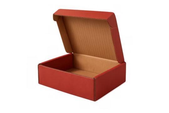 Red open empty cardboard mailing box on transparent background, showing inside view for shipping and delivery concept