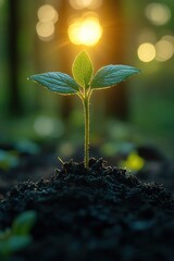 New plant sprouting, sunlight in forest, new beginnings, bokeh effect, natures resilience