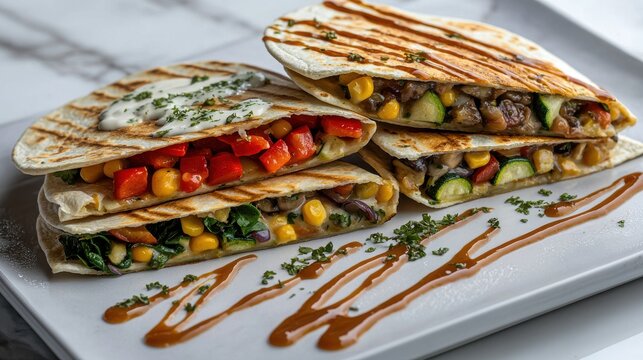 Grilled vegetable quesadillas with colorful bell peppers, corn, spinach and herbs served on white ceramic plate at upscale Mexican restaurant