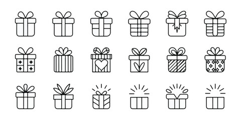 Minimalist black and white gift box line art set, 20 vector illustrations, clean 4x5 grid, elegant bows, ribbons, patterns, modern holiday packaging design, isolated white background.