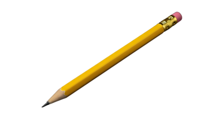 A single yellow pencil with an eraser and graphite tip on a Transparent background