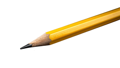 A single yellow pencil with an eraser and graphite tip on a Transparent background