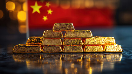 Pile of gold bars reflecting graph light, upward trend visible, China flag softly blurred behind, macro tone
