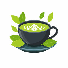 カップに入れられた抹茶ラテとラテアートのベクターイラスト