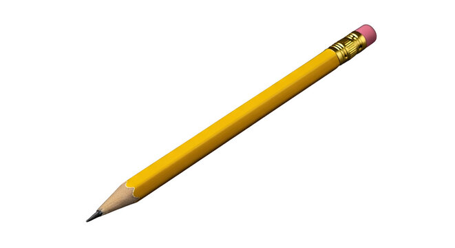 A single yellow pencil with an eraser and graphite tip on a Transparent background