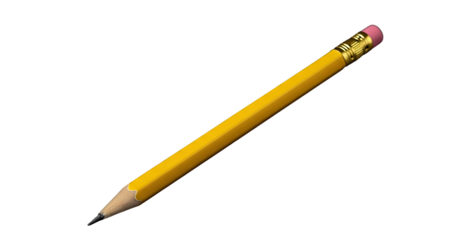 A single yellow pencil with an eraser and graphite tip on a Transparent background