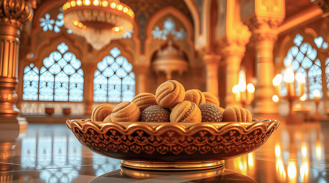 Decadent Indian sweets presented in ornate bowls, set against luxurious and warm backdrops. Showcases traditional cookies/mithai with intricate patterns, capturing the opulence and festive spirit.