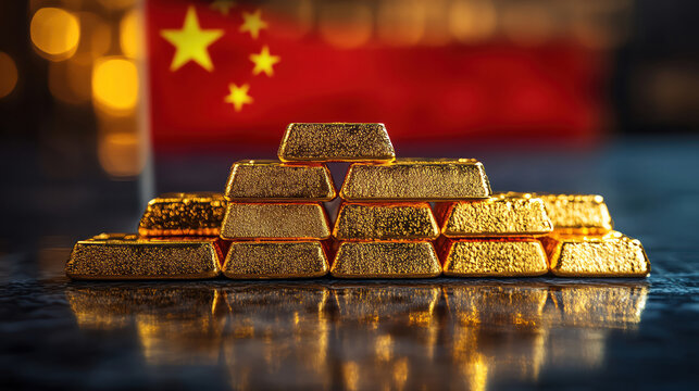 Pile of gold bars reflecting graph light, upward trend visible, China flag softly blurred behind, macro tone