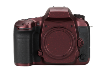 Isolated dark red body of digital SLR camera with a black grip against neutral backdrop