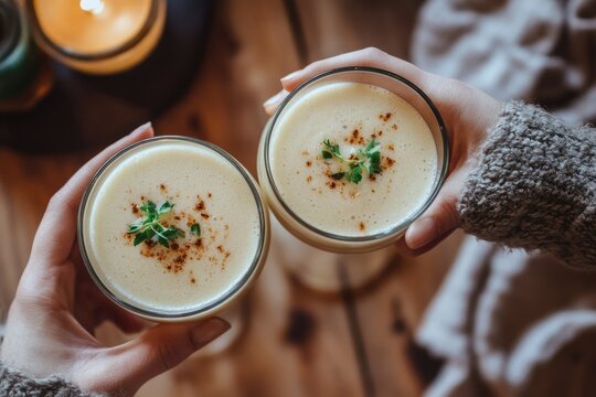 Two hands hold two glasses of creamy, spiced beverage, garnished with fresh herbs and a warm candlelit background.