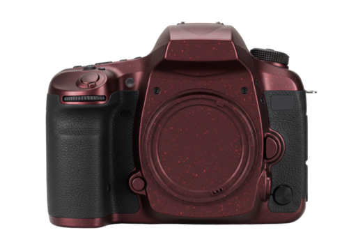 Isolated dark red body of digital SLR camera with a black grip against neutral backdrop