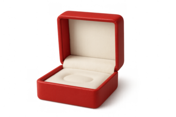 Red empty open velvet ring box for jewelry presentation, proposal, gift, and engagement on transparent background