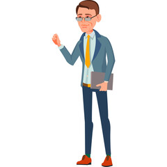 Elderly Asian Man In Business Attire With Laptop And Glasses Standing And Gesturing On Transparent Background Detailed Pixel Art Style