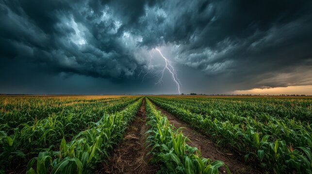 Vast green cornfields stretch to the horizon beneath towering cumulonimbus clouds, lightning flashing across the sky as wind ripples through jade-colored leaves.