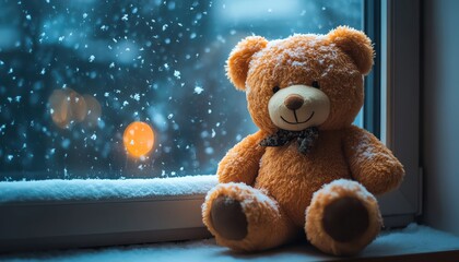 Teddy bear plush sitting by window with snowfall outside, warm interior light