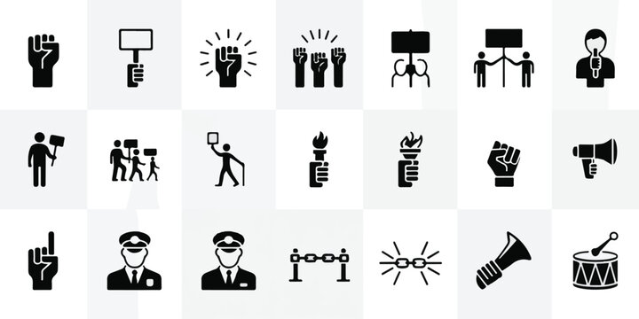 Minimalist black and white vector icons of protest, activism, social justice, raised fists, signs, megaphone, torch, police, barrier; modern, professional, clean, iconic.