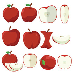 Red Apple Vector Art Collection: Whole, Cut, Sliced, and Core. Fresh Healthy Fruit Elements for Design