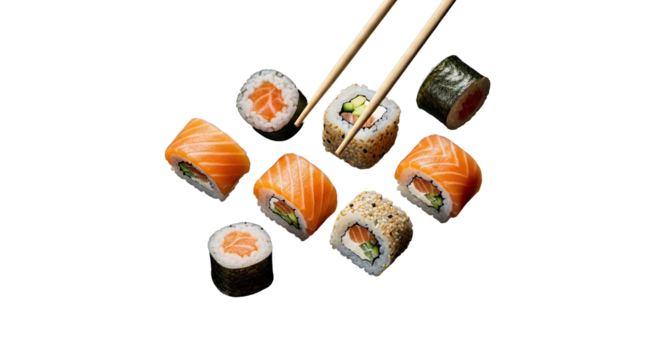 Assorted sushi rolls with salmon and chopsticks on a Transparent background