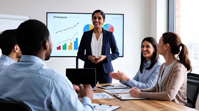 Business Presentation and Meeting - An Indian woman in a suit gives a presentation to a diverse group of colleagues in a modern office. - Powered by Adobe