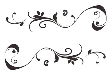 Vector floral ornament set with black swirls and leaf silhouettes in flat clipart style isolated on white background for decorative design and graphic projects