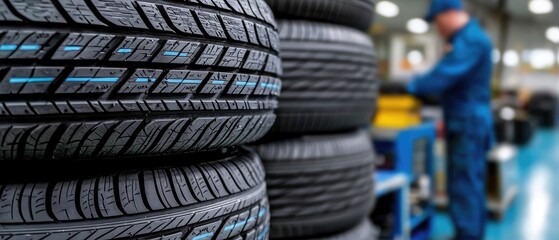Tires stacked in a workshop with a mechanic working on equipment in the background during daylight hours