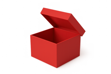 Red empty gift box with lid open, revealing a surprise or unexpected discovery, isolated on transparent background