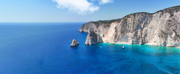 Aerial drone ultra wide panoramic photo of tropical exotic bay with crystal clear turquoise sea and...