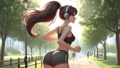 A girl in sportswear is jogging along a park alley, listening to music with headphones