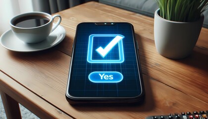 A smartphone with a futuristic interface and the ?YES? inscription lies next to a cup of coffee on a wooden table.