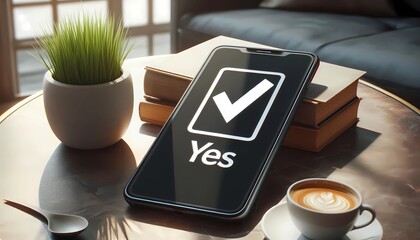 A smartphone with a futuristic interface and the ?YES? inscription lies next to a cup of coffee on a wooden table.