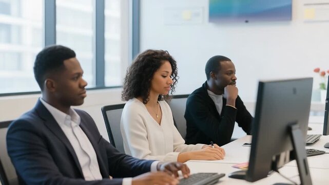 Three business professionals focus on computer screens in a modern, bright office. Diverse team collaborating and analyzing data at their workstations during the day. - Powered by Adobe