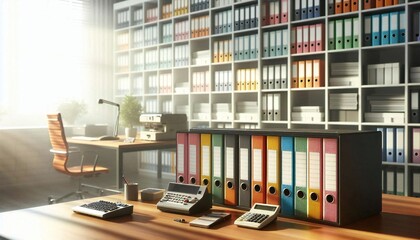 A tidy office desk with folders, stationery, a calculator and a lamp in sunlight.